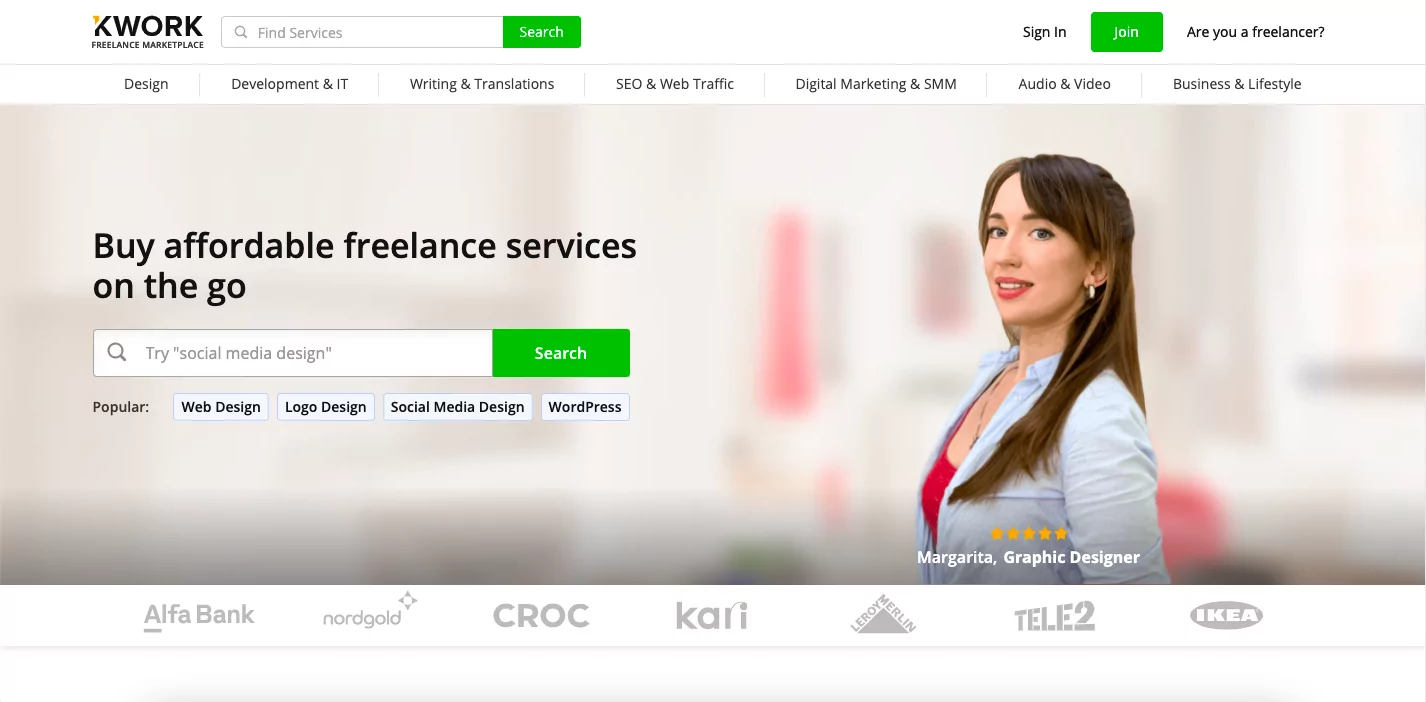 kwork is among the legit freelancing websites for beginners