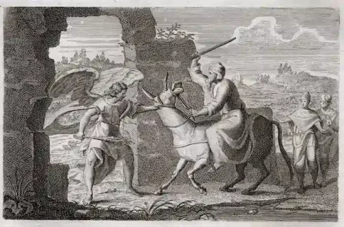 Illustration of Balaam and his donkey speaking, highlighting his role as a false prophet.