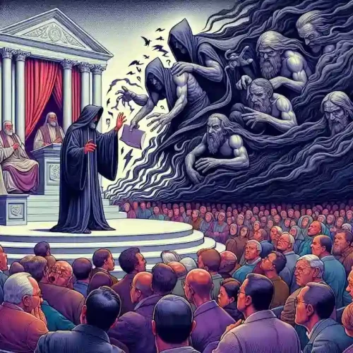 Artistic depiction of a preacher surrounded by distorted figures symbolizing false teaching (2 Peter 2:1).