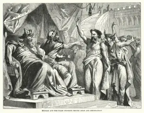 Black-and-white engraving of King Ahab and Prophet Micaiah confronting false prophets.