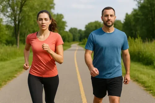 Side-by-side comparison of a runner and a walker on a scenic path, illustrating calorie burn difference.