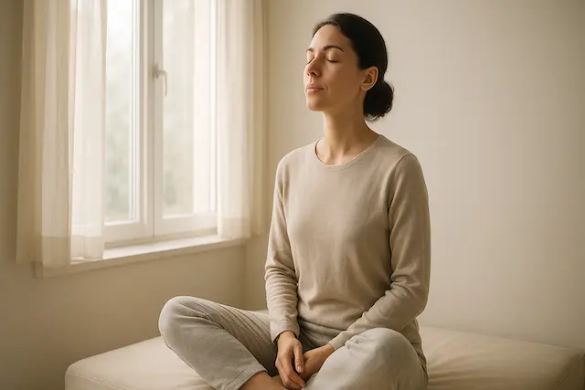Person taking a calm morning breath to support tiny habits for mental health.
