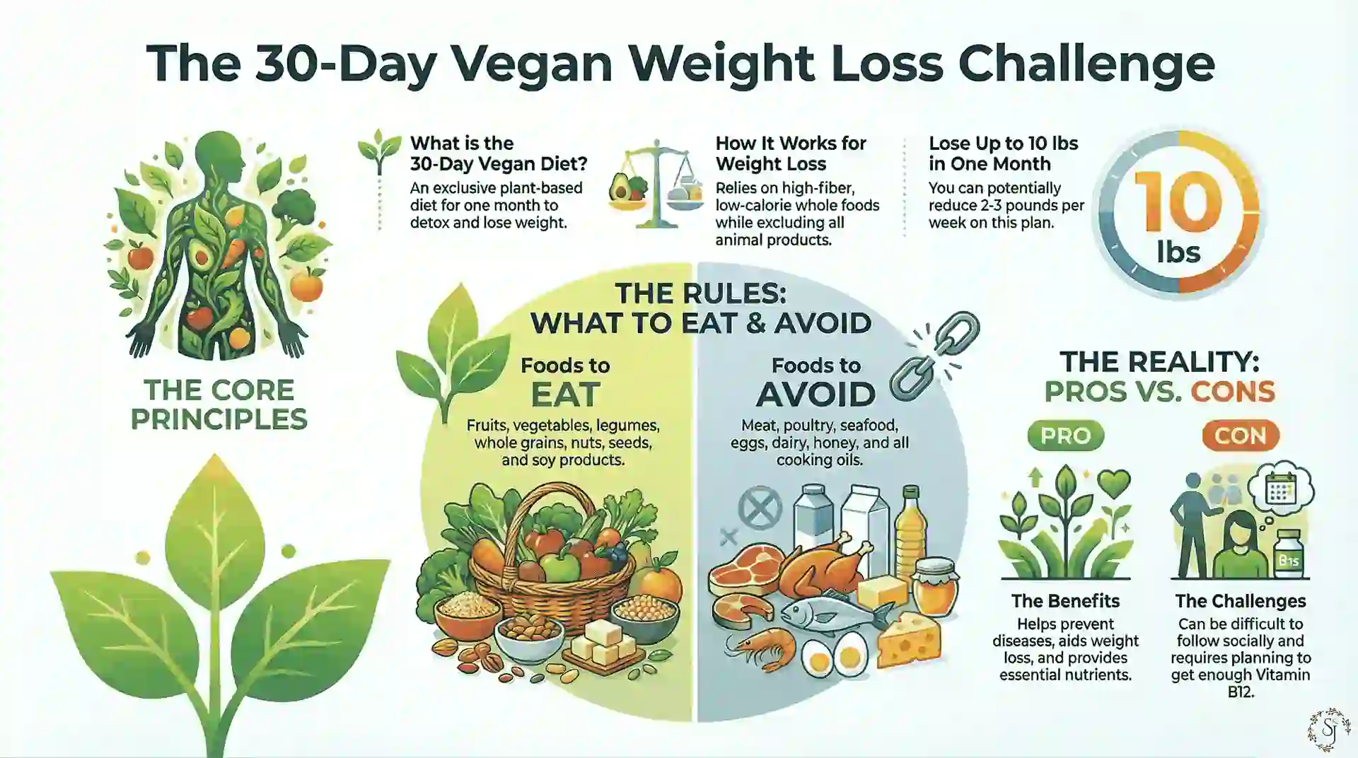 A detailed infographic explaining a 30 day vegan weight loss diet plan including allowed foods, foods to avoid, benefits, challenges, and expected results.