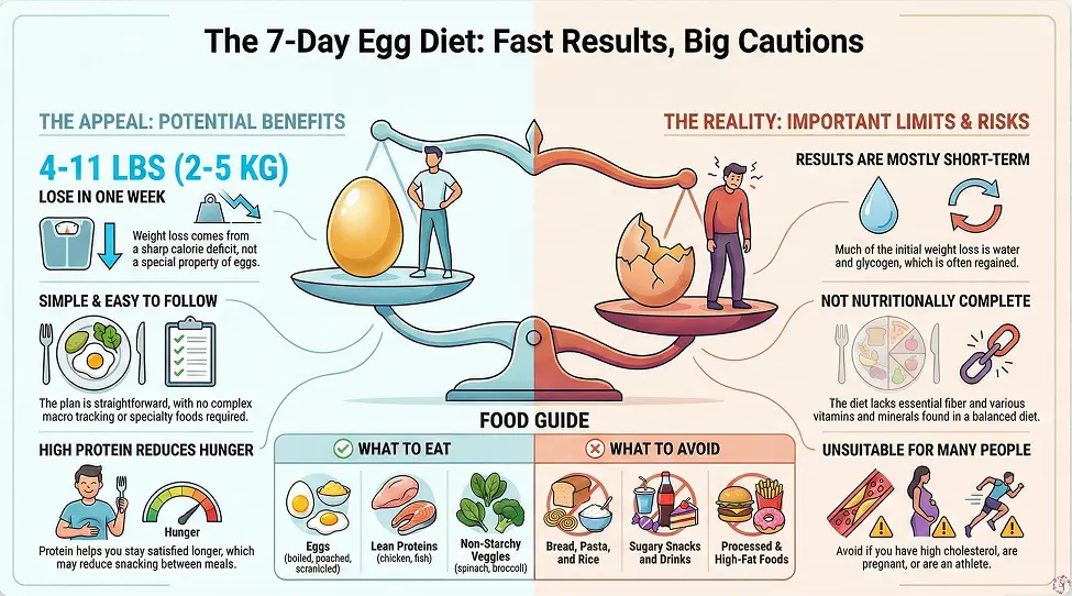 Infographic showing the key benefits, risks, allowed foods, and restrictions in the 7 day egg diet plan for weight loss, presented side by side.