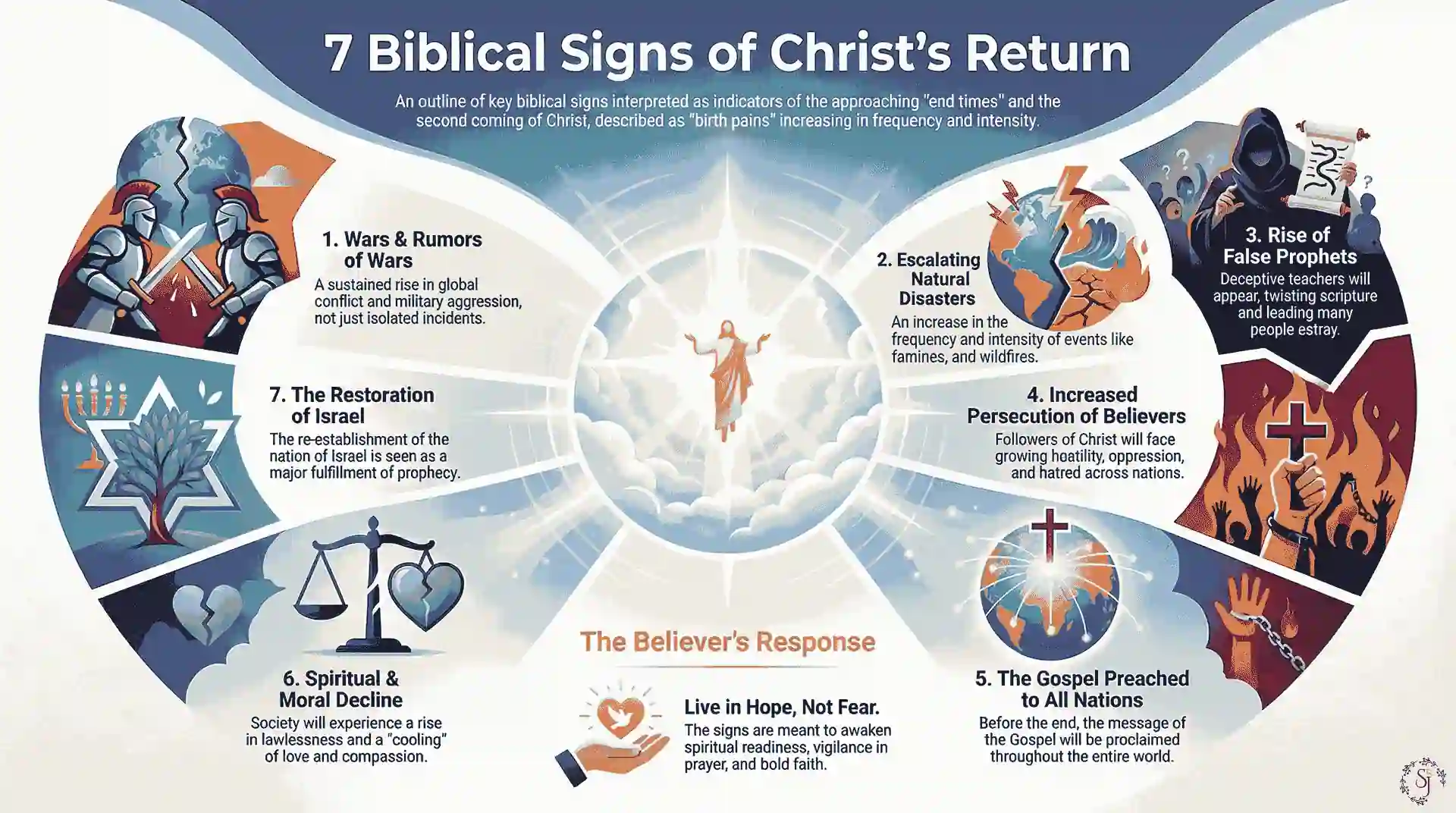 Infographic showing the 7 signs of Christ's return including wars, natural disasters, moral decline, false prophets, and global gospel preaching.