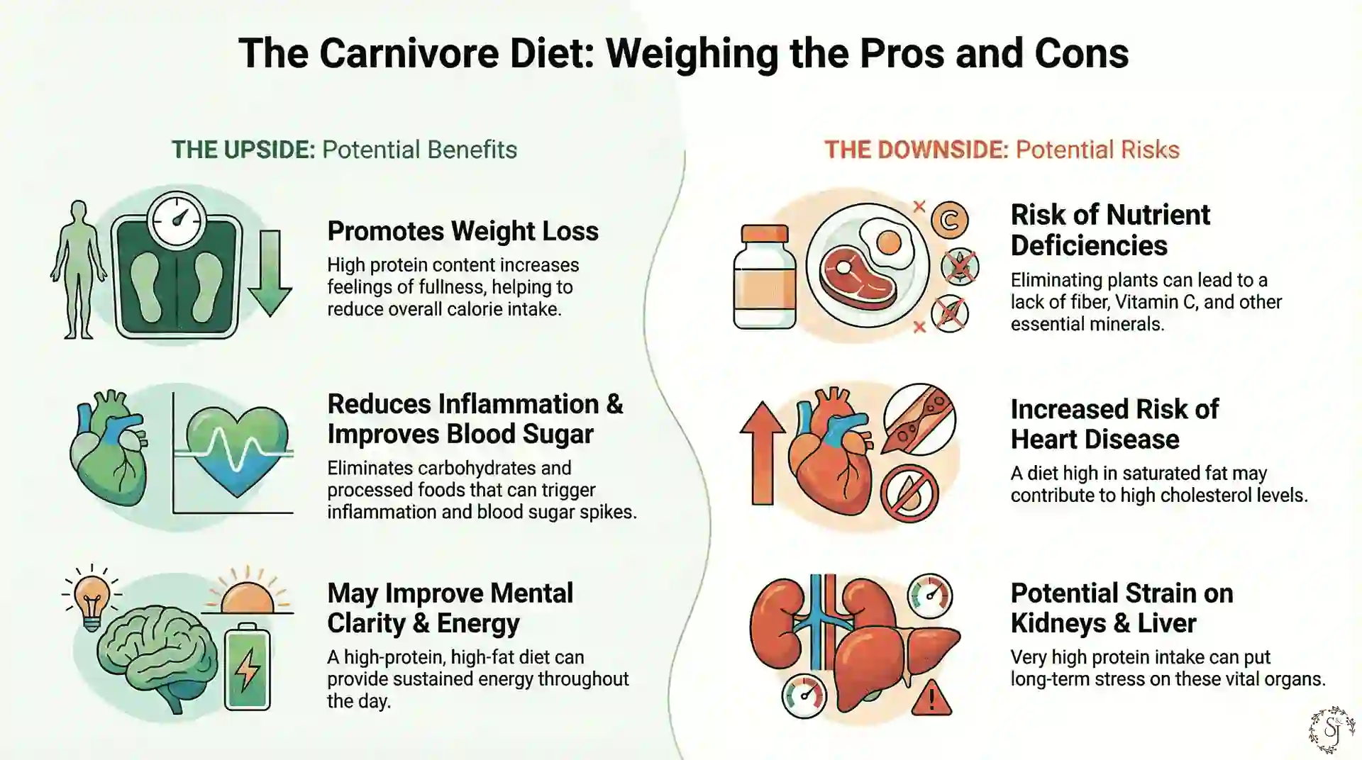 A visual comparison showing the benefits and risks of the carnivore diet meal plan, including weight loss, inflammation reduction, and potential health concerns.