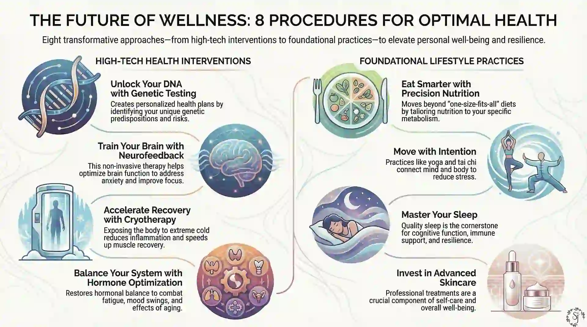 Health optimization infographic showing eight procedures including genetic testing, neurofeedback, cryotherapy, nutrition, sleep, movement, hormones, and skincare