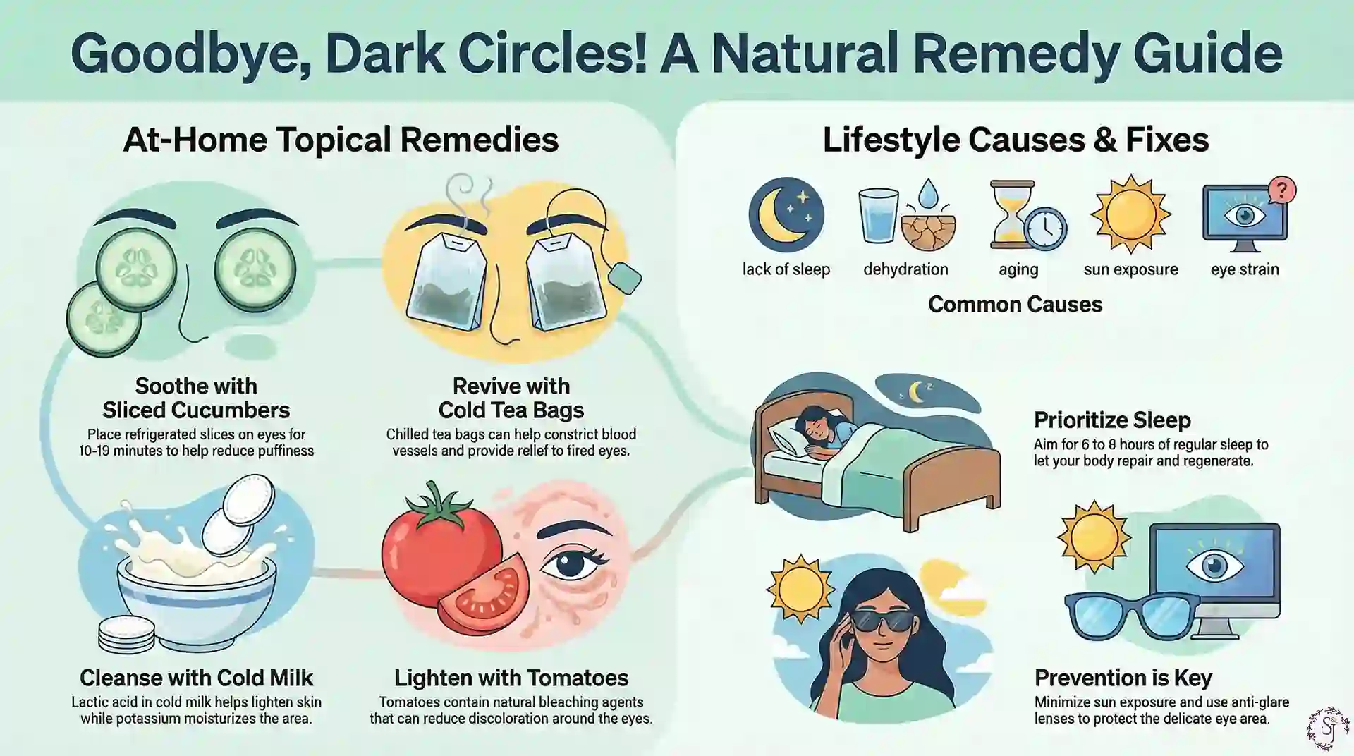 Natural remedies infographic showing cucumber slices, cold tea bags, milk, tomatoes, sleep tips and prevention ideas for how to remove dark circles at home naturally.