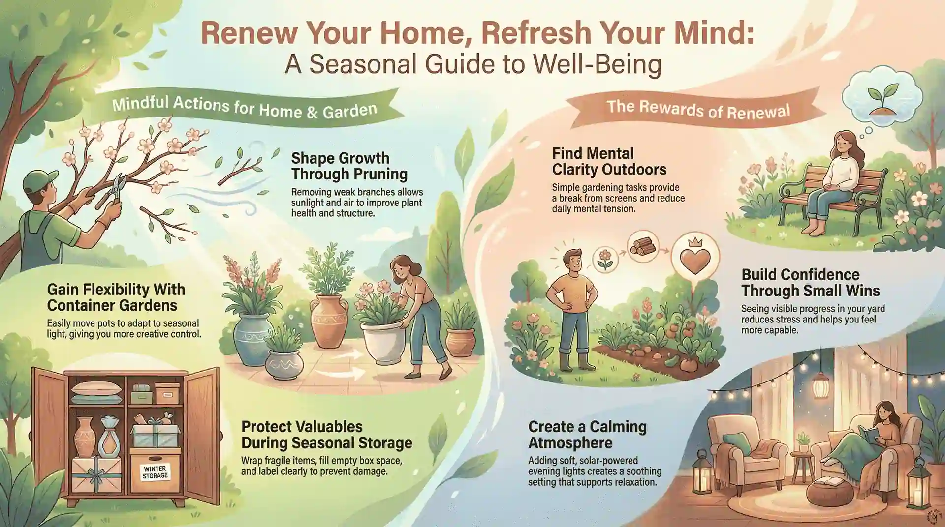 Seasonal gardening projects infographic showing pruning, container gardening, storage care, lighting, and outdoor tasks that renew your mind and home
