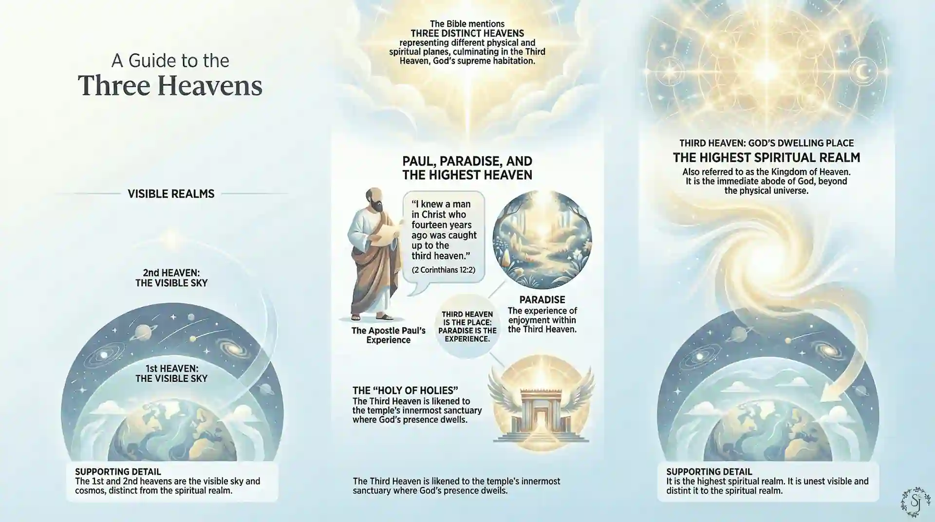 Infographic explaining the three heavens with visuals of the visible sky, cosmos, paradise, and the highest spiritual realm described in scripture.