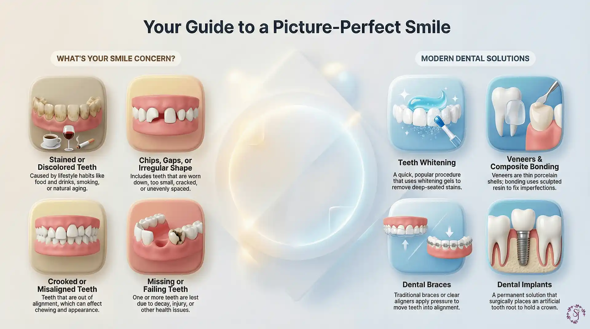 Infographic explaining common dental procedures like braces, whitening, veneers, and implants, showing how each option improves smile appearance and function
