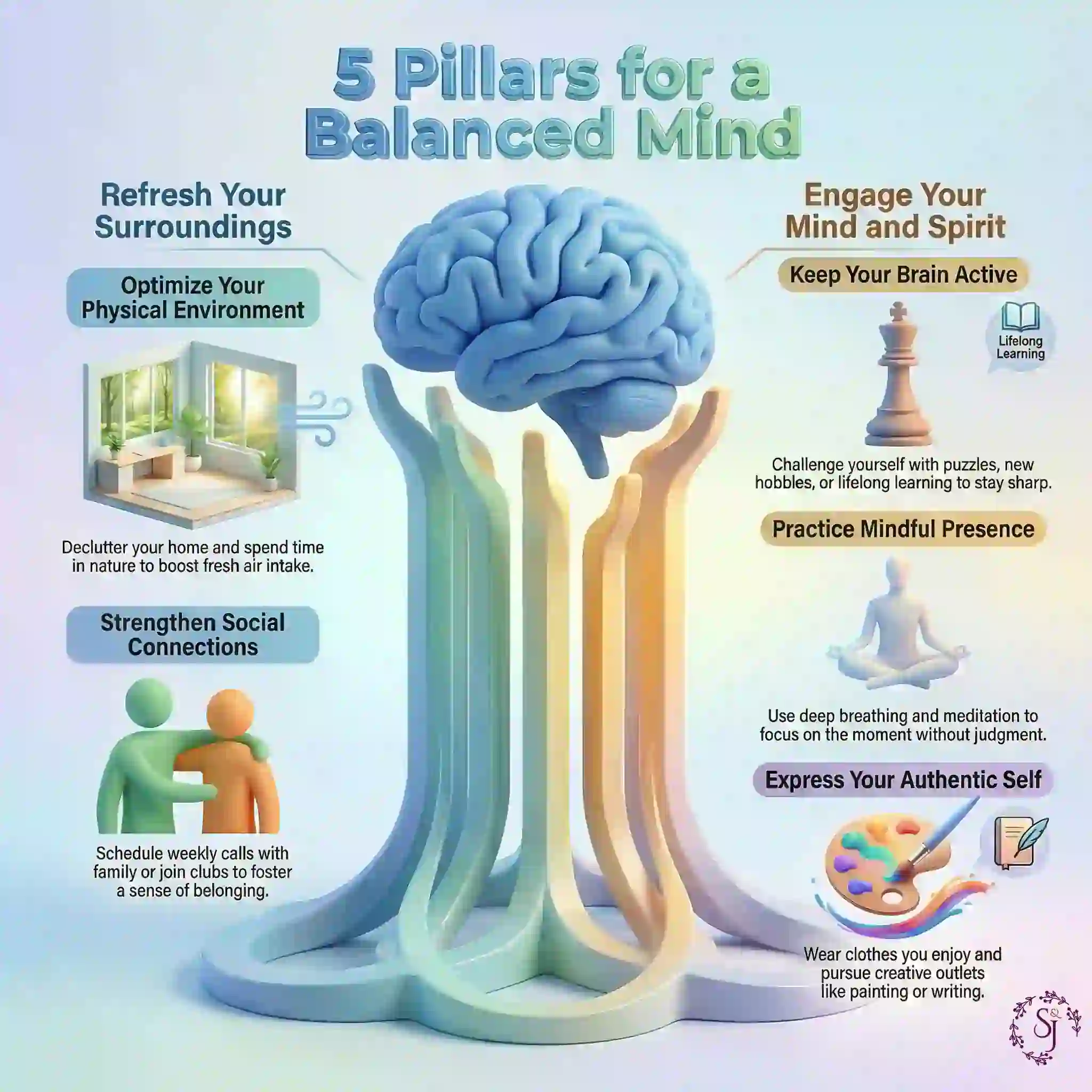 Infographic showing five pillars for mental and emotional health, explaining how to boost your well-being through environment, mindfulness, learning, creativity, and social connection.