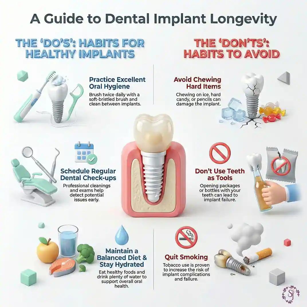 Infographic showing practical habits and mistakes to avoid for long-term implant care, explaining how to maintain dental implants with daily hygiene, diet, and lifestyle tips