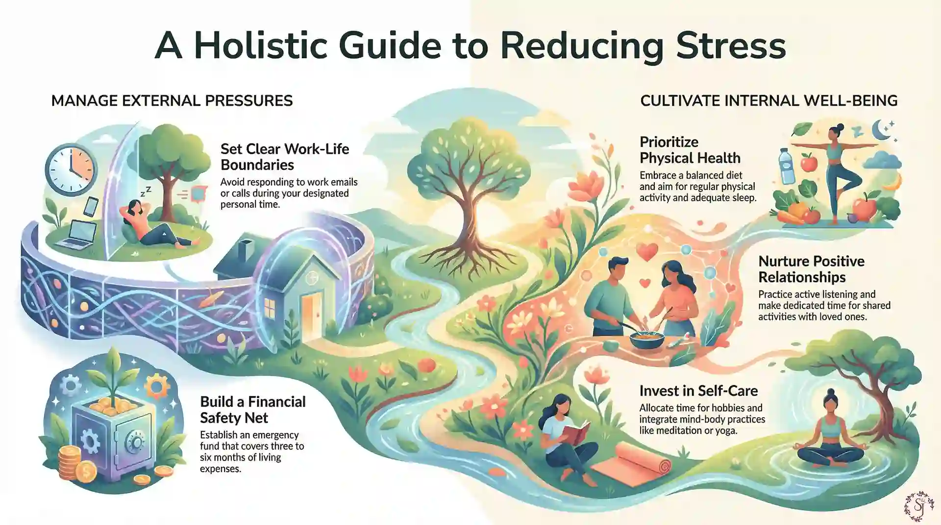 Holistic infographic explaining how to reduce stress in life through balanced habits across work, relationships, health, finances, and self-care routines.