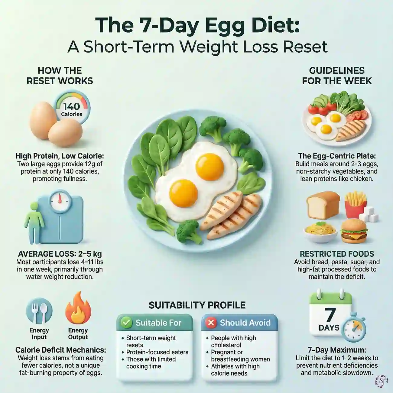 Infographic showing the key benefits, risks, allowed foods, and restrictions in the 7 day egg diet plan for weight loss, presented side by side.