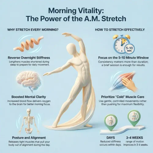 Infographic explaining benefits of stretching in the morning including reduced stiffness, better posture, mental clarity, and 5 to 10 minute routine guidance
