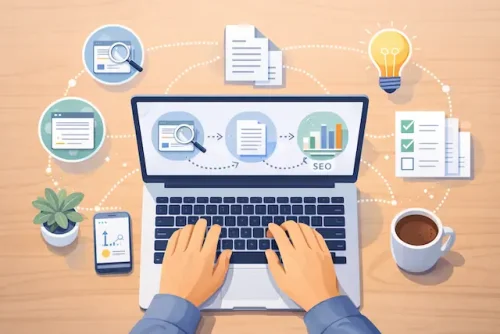 AI blogging workflow showing research writing editing and SEO optimization