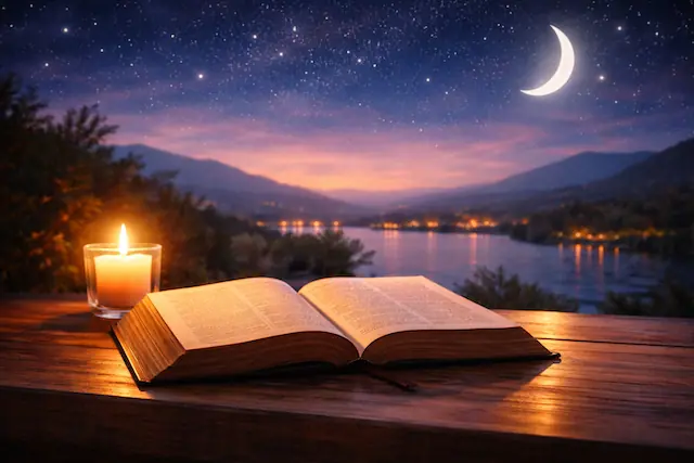 Open Bible with candle at night symbolizing Bible verses for anxiety and fear at night bringing peace and calm