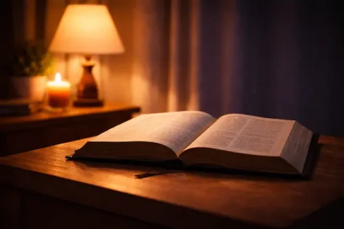 Open Bible at night showing scriptures for anxiety and stress with soft calming light