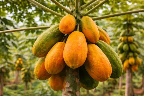 Cluster of orange tropical fruits growing on a tree in a warm climate orchard