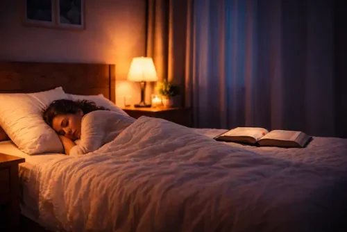 Peaceful bedroom scene representing sleep peacefully with scripture and reduced anxiety at night