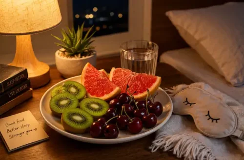 kiwi cherries and grapefruit on bedside table for healthy night snack