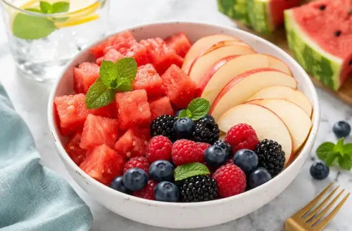 low calorie fruit bowl with watermelon apple slices and berries
