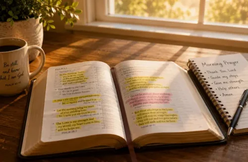 Highlighted Bible verses in warm morning light on a wooden table