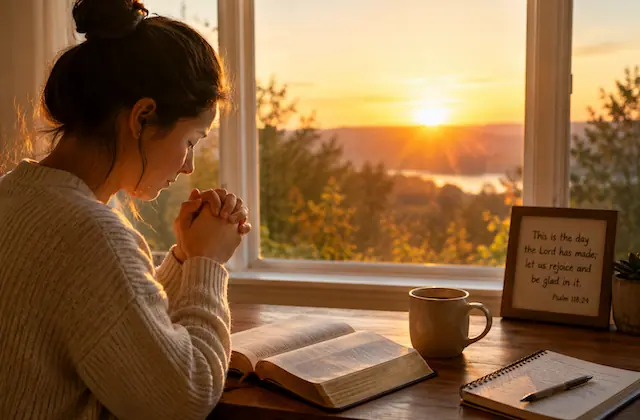 Person saying a short morning prayer at sunrise before starting the day