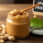 Jar of natural peanut butter with peanuts on a wooden table showing a vegan-friendly spread