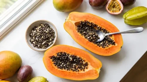 Fresh papaya with edible black seeds
