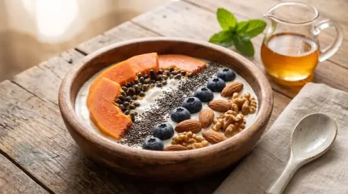 Seeds added to yogurt with fresh fruit