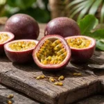 Ripe purple passion fruits cut open to show juicy yellow pulp and crunchy seeds