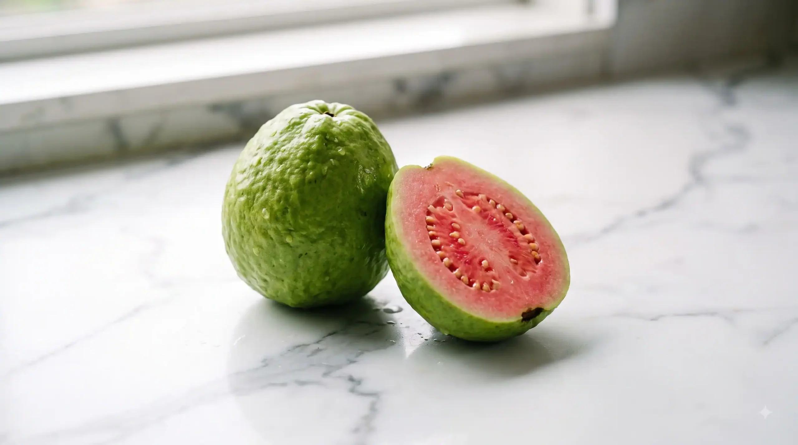 Can diabetics eat guava safely? A whole and halved fresh pink guava on a clean white marble countertop.